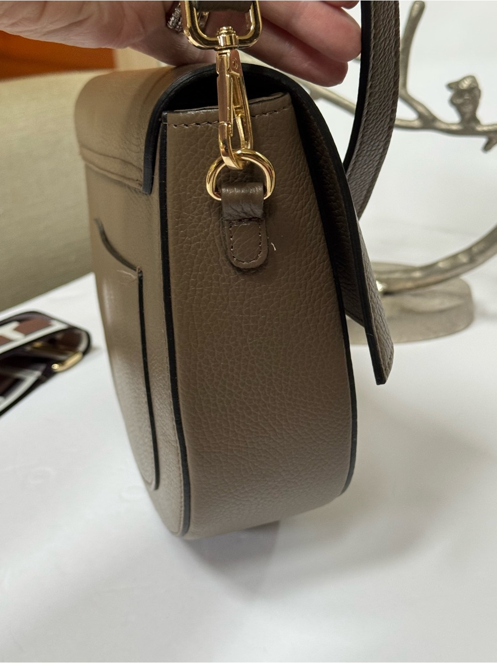 Taupe Leather Half-Moon Crossbody Bag with Gold Ring Accent - Picture 5 of 12